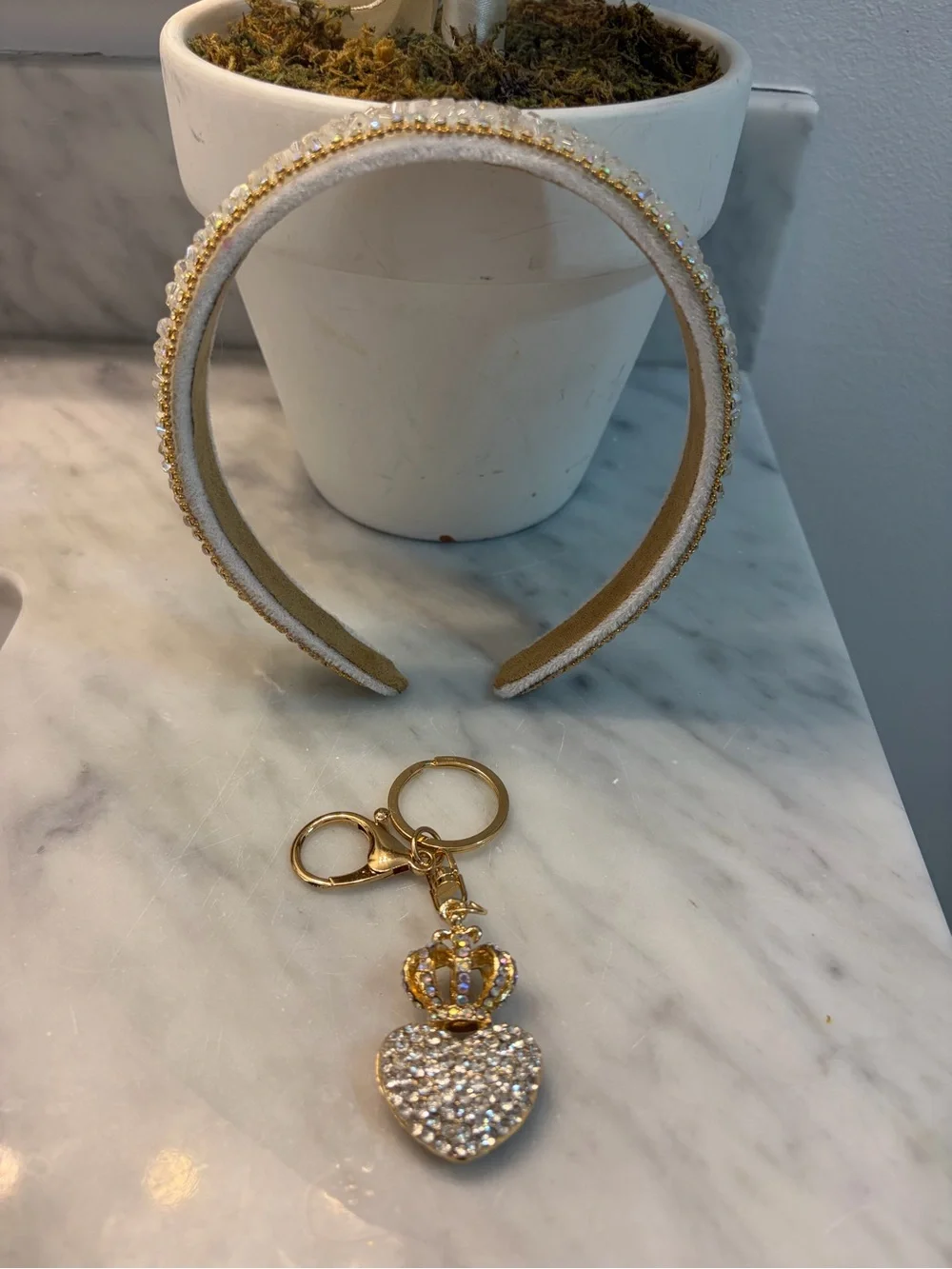 Princess Bundle Gold-Trim White Headband and Gold Crystal Heart Keychain